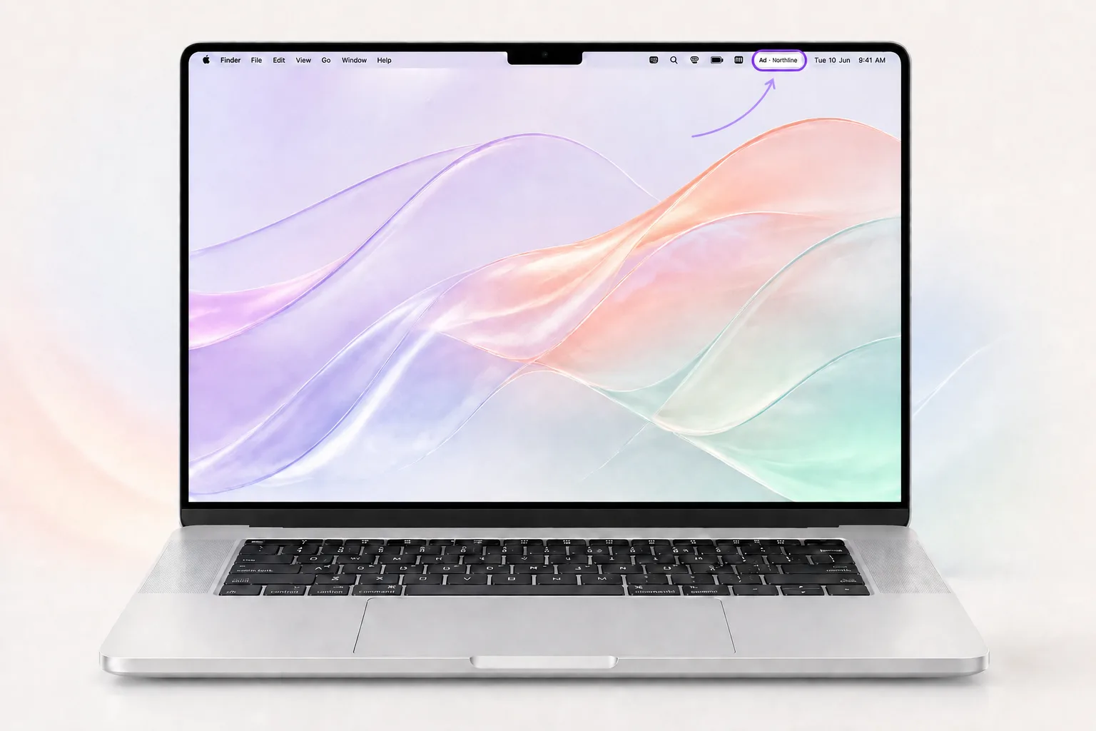 MacBook with a purple arrow highlighting an example ad in the menu bar.